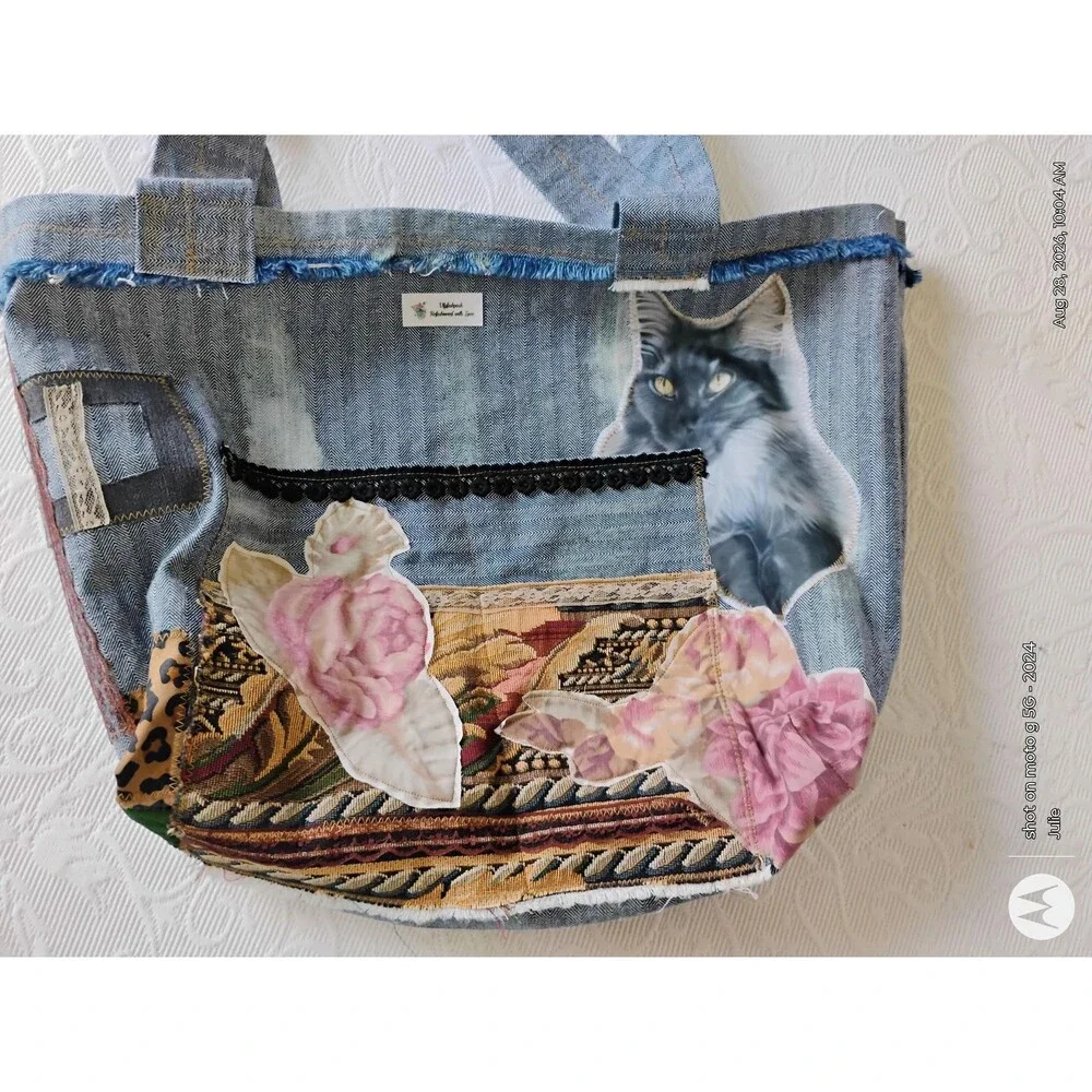 Denim Patchwork Tote Bag Applique Reclaimed Fabric Oversized Boho Handbag